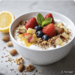 Bol de pudding sain à base de yaourt, fruits frais, graines, amandes, noix et miel, servi pour le petit-déjeuner ou le s’hour.