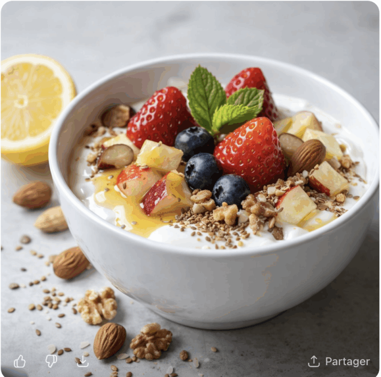 Bol de pudding sain à base de yaourt, fruits frais, graines, amandes, noix et miel, servi pour le petit-déjeuner ou le s’hour.
