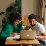 Homme et femme assis ensemble discutant calmement, symbole de soutien et d’équilibre dans un couple moderne
