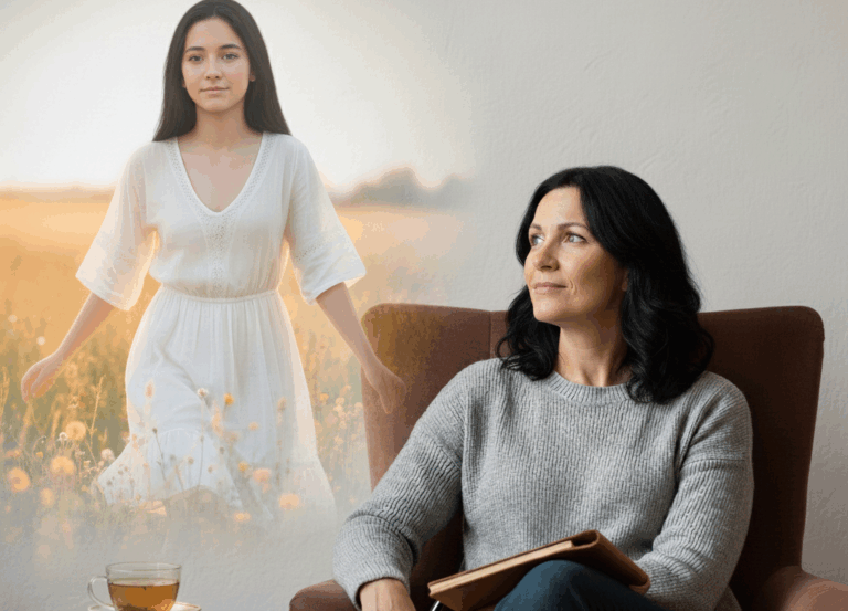 Ce que j’aurais aimé qu’on me dise à 20 ans امرأة ناضجة تتأمل وتمسك بمفكرة، مع صورة ضبابية لها في شبابها داخل حقل مشمس، يُجسد مرور الوقت والتفكير في الذات.