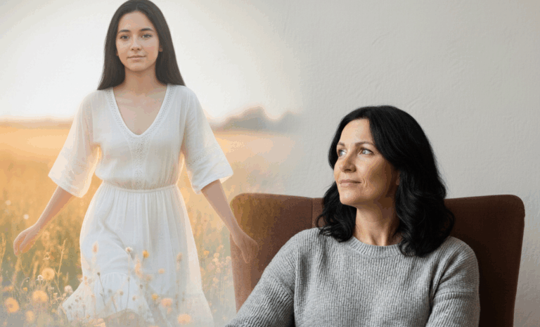 ما كنت أتمنى أن يُقال لي وأنا في العشرين امرأة ناضجة تتأمل وتمسك بمفكرة، مع صورة ضبابية لها في شبابها داخل حقل مشمس، يُجسد مرور الوقت والتفكير في الذات.