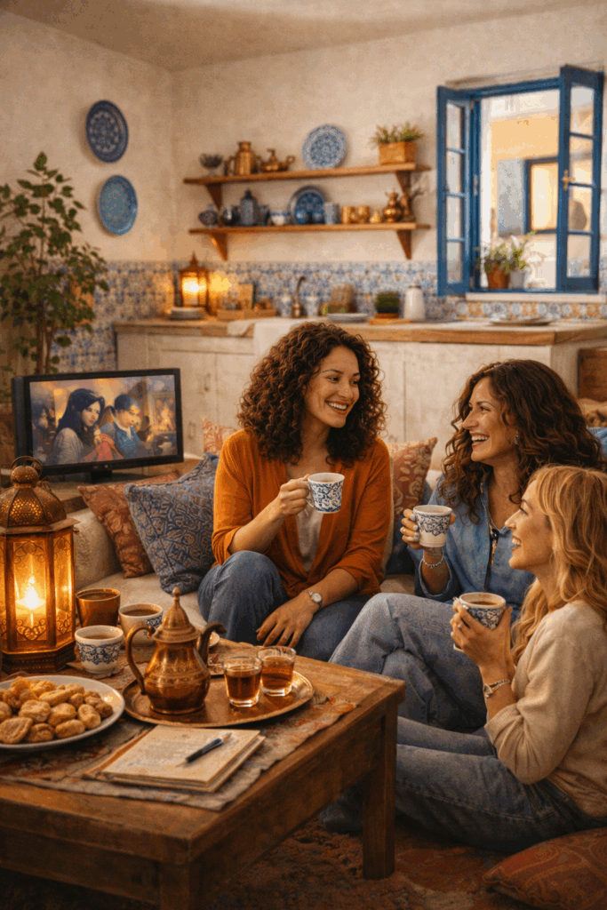 Ambiance chaleureuse d’un Ramadan apaisé : convivialité, détente et partage dans une maison tunisienne.