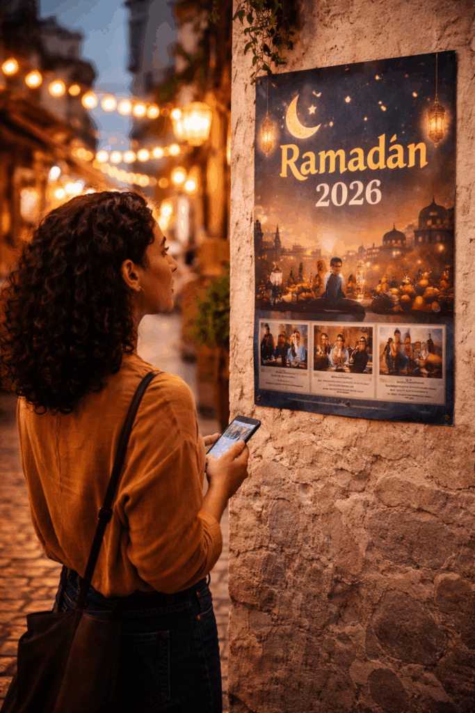 رمضان 2026 في تونس: سهرات وعروض ثقافية بعد الشقان الفطر صورة توضح سهرات وفعاليات رمضان 2026 في تونس بعد الشقان الفطر. امرأة تتصفح إعلان "Ramadan 2026" في شارع المدينة العتيقة، تمثل خرجة ثقافية موسيقية معلومات عن التواريخ، الأماكن والأسعار متاحة على Teskerti.