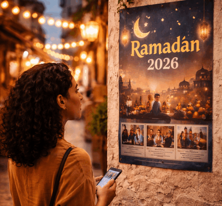رمضان 2026 في تونس: سهرات وعروض ثقافية بعد الشقان الفطر صورة توضح سهرات وفعاليات رمضان 2026 في تونس بعد الشقان الفطر. امرأة تتصفح إعلان "Ramadan 2026" في شارع المدينة العتيقة، تمثل خرجة ثقافية موسيقية معلومات عن التواريخ، الأماكن والأسعار متاحة على Teskerti.