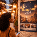 Découvrez les soirées et événements culturels de Ramadan 2026 à Tunis. La photo montre une femme consultant une affiche dans la Médina après l’Iftar, reflétant l’ambiance festive des concerts et spectacles ramadanesque.