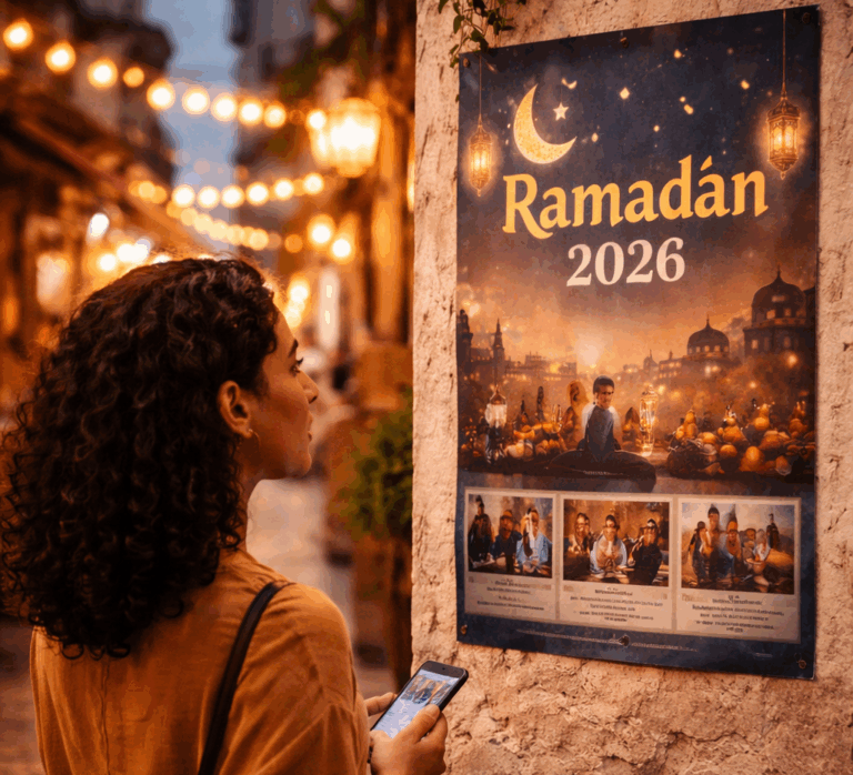 Ramadan 2026 : événements culturels en Tunisie après l’Iftar Découvrez les soirées et événements culturels de Ramadan 2026 à Tunis. La photo montre une femme consultant une affiche dans la Médina après l’Iftar, reflétant l’ambiance festive des concerts et spectacles ramadanesque.