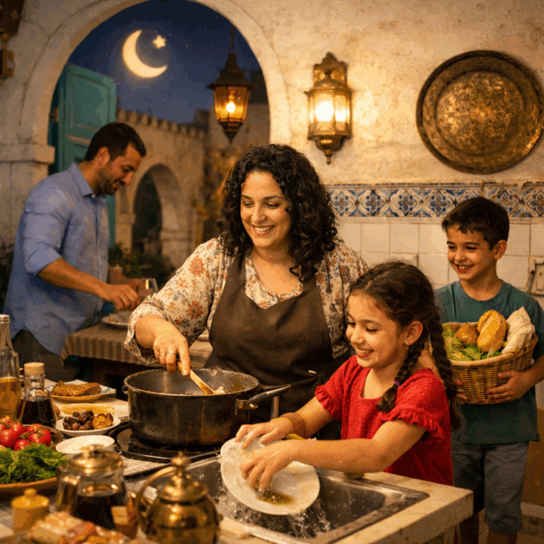 Répartition des tâches pendant Ramadan : famille tunisienne préparant l’Iftar ensemble