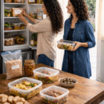 Deux femmes tunisiennes organisent des plats traditionnels de Ramadan dans un frigo et sur une table, avec du pain tranché pour slatet blankit, de la chapelure et des portions prêtes à congeler, illustrant la gestion consciente des restes et le partage responsable.