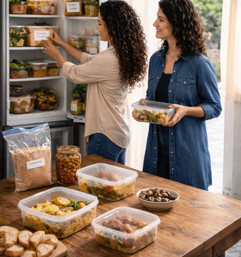 Deux femmes tunisiennes organisent des plats traditionnels de Ramadan dans un frigo et sur une table, avec du pain tranché pour slatet blankit, de la chapelure et des portions prêtes à congeler, illustrant la gestion consciente des restes et le partage responsable.