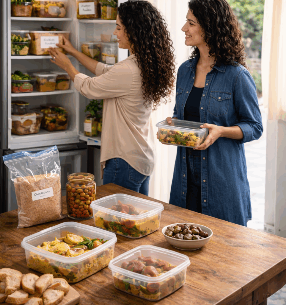 Deux femmes tunisiennes organisent des plats traditionnels de Ramadan dans un frigo et sur une table, avec du pain tranché pour slatet blankit, de la chapelure et des portions prêtes à congeler, illustrant la gestion consciente des restes et le partage responsable.