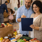 Couple tunisien vérifiant les courses et les préparatifs de l’Aïd sur une table remplie d’ingrédients pendant que la famille organise le salon.