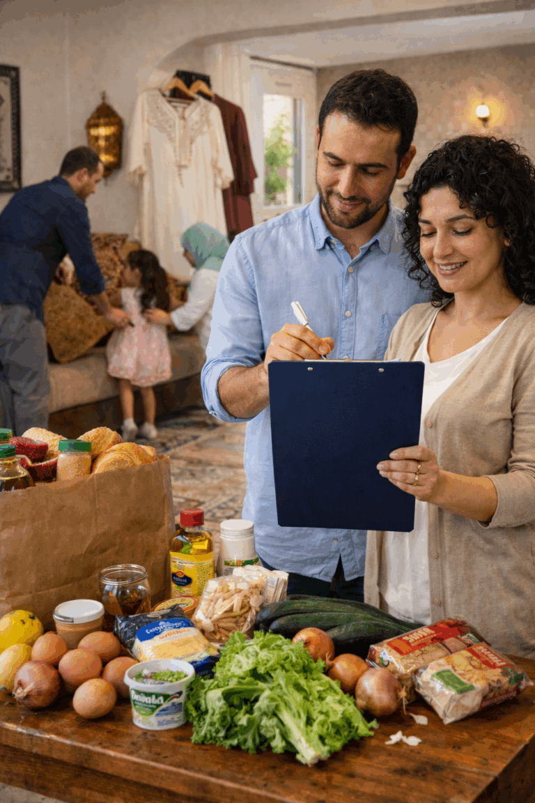 Couple tunisien vérifiant les courses et les préparatifs de l’Aïd sur une table remplie d’ingrédients pendant que la famille organise le salon.