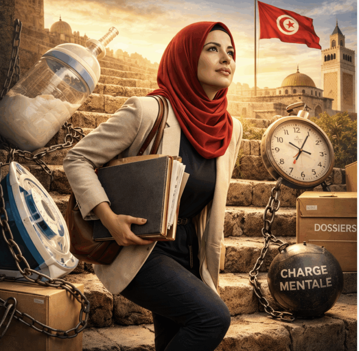 Droits des femmes en Tunisie : ces lois qui devraient exister امرأة تونسية تصعد سلماً وهي تدفع عربة طفل وتحمل ملفات، في صورة ترمز إلى العقبات التي تواجه حقوق النساء في تونس بين العمل والأمومة
