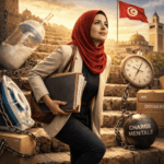 امرأة تونسية تصعد سلماً وهي تدفع عربة طفل وتحمل ملفات، في صورة ترمز إلى العقبات التي تواجه حقوق النساء في تونس بين العمل والأمومة