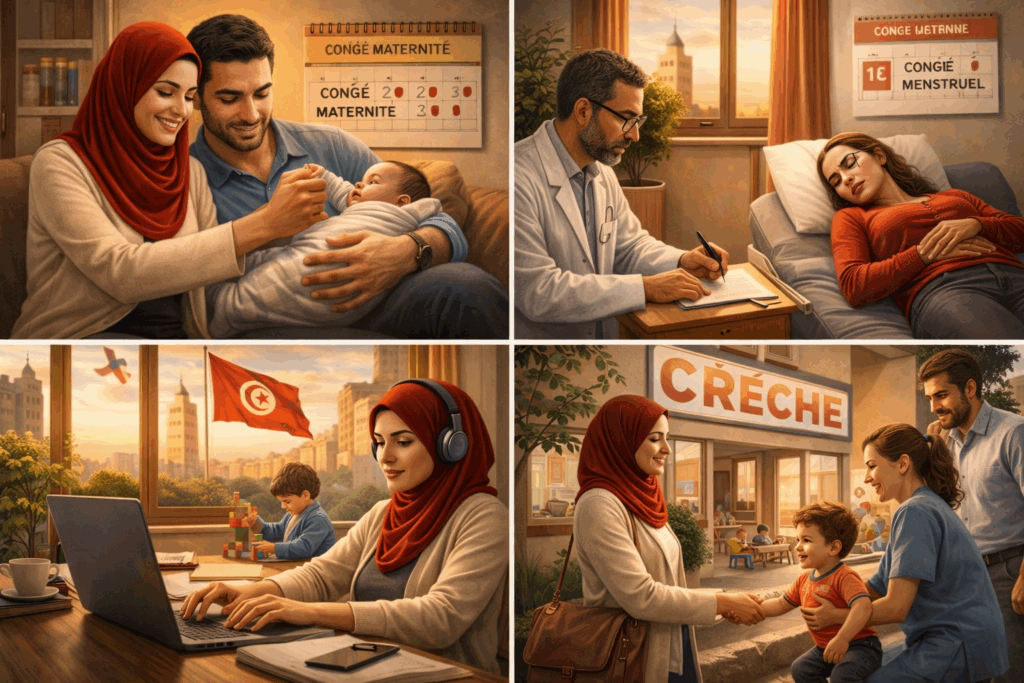 حقوق النساء في تونس من خلال صور تمثل إجازة الوالدية، إجازة الحيض، العمل عن بعد ورعاية الأطفال