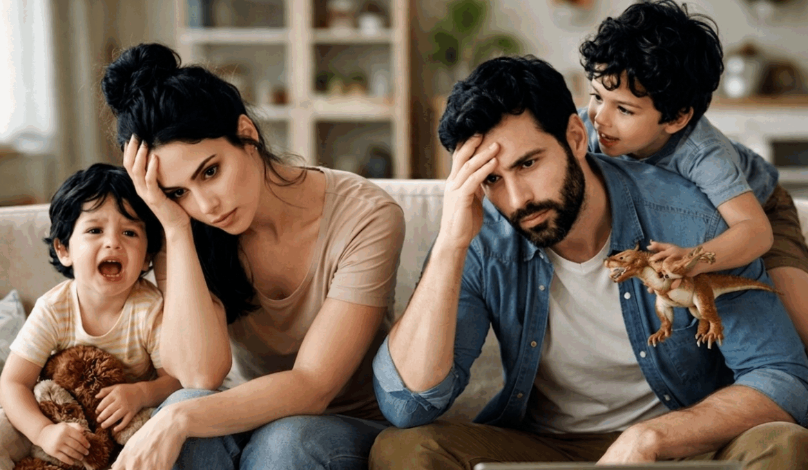 Photographie d'une famille de parents milléniaux épuisés assis sur un canapé, submergés par le stress parental, la charge mentale et les pleurs de leur enfant, illustrant le risque de burn-out parental.