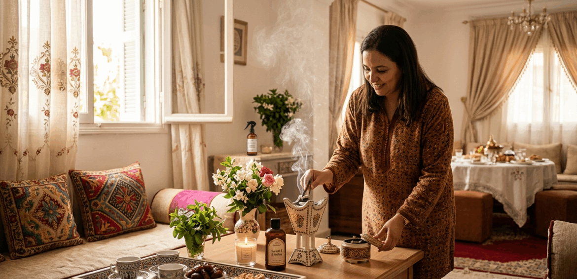 Femme préparant de l'encens Bkhour dans un salon décoré pour l'Aïd, avec thé et fleurs de jasmin sur la table.