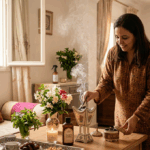 Femme préparant de l'encens Bkhour dans un salon décoré pour l'Aïd, avec thé et fleurs de jasmin sur la table.